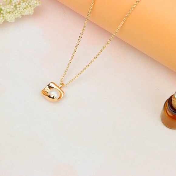 "Rose Gold Necklace with Modern Square Pendant and Pearl Accent, XPNL1885 - Picture 11 of 13